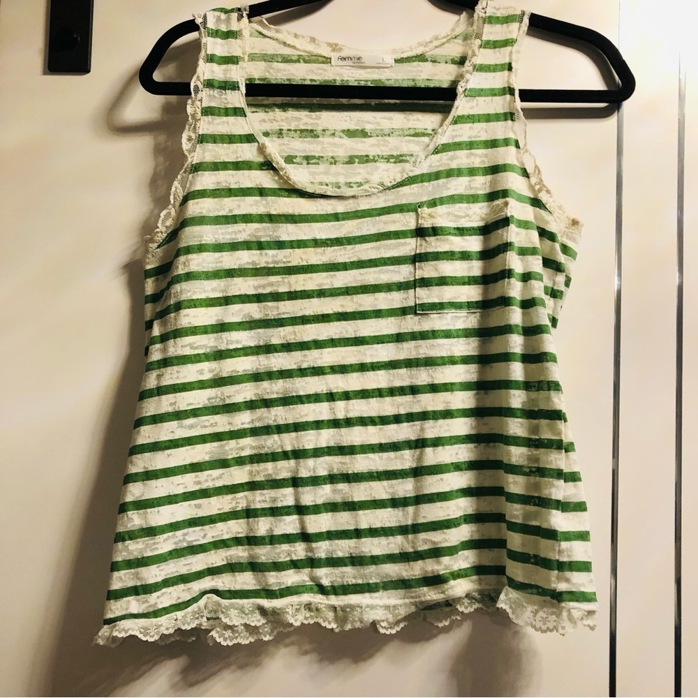 💜3 for $30 Femme Large Green/White Stripe Burnout Tank Lace Trim - Picture 8 of 10